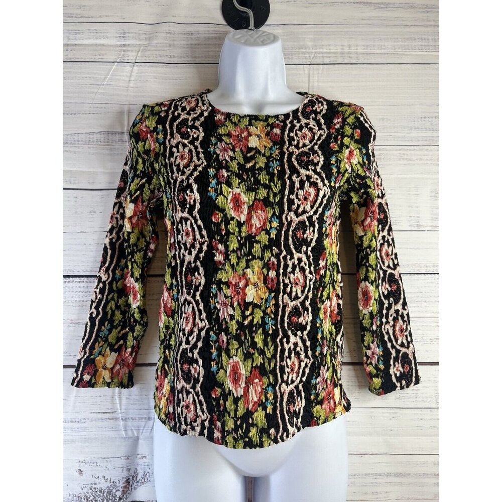 Alberto Makali Crinkle Top S Colorful Floral Sequins Long Sleeve Pullover Y2K